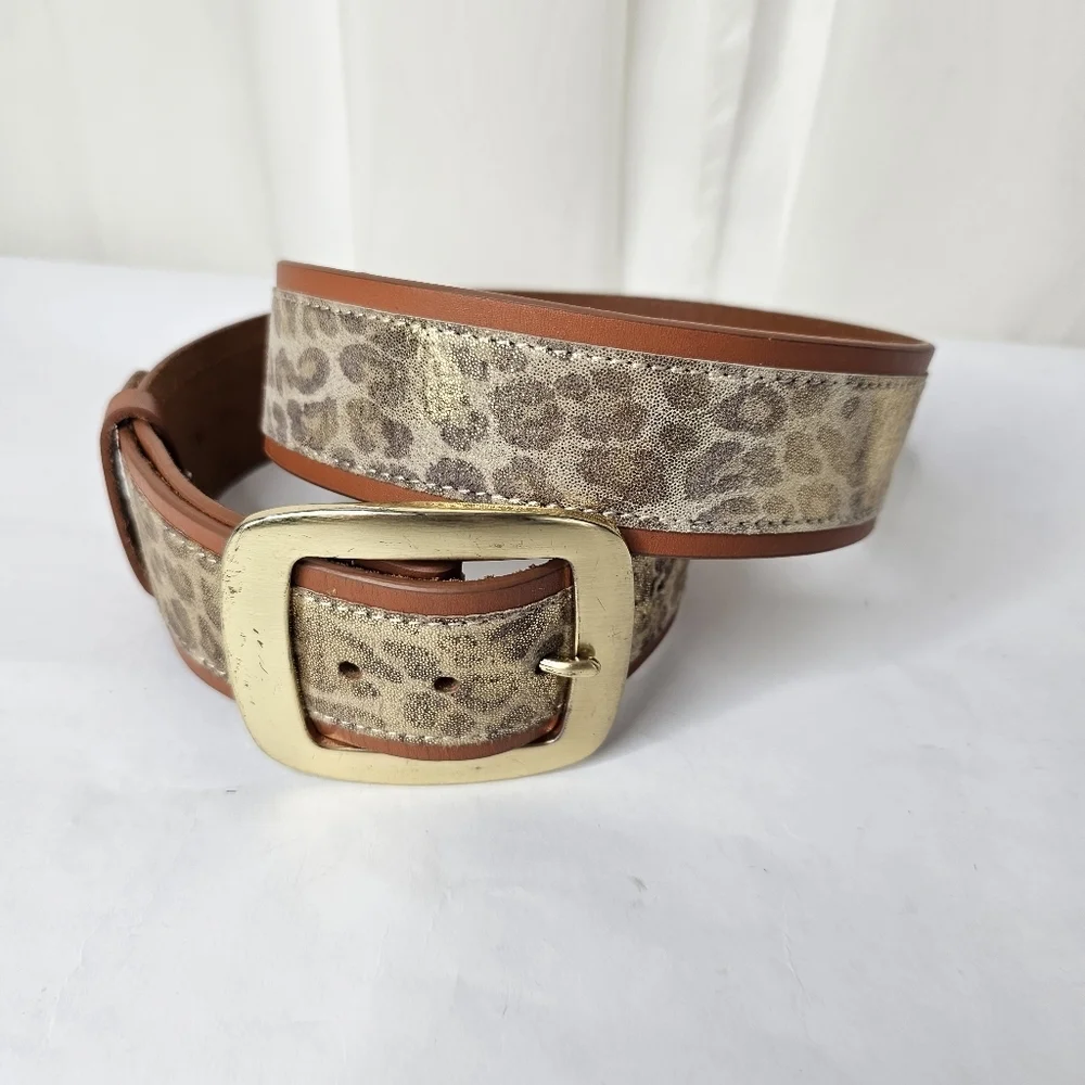 WCM Beige Brown Shimmer Leopard Print Leather Belt with Silver Buckle Medium